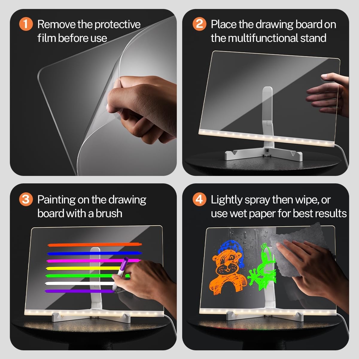 Tablă de desen LED, tablă acrilică luminoasă 29,9 x 20,9 cm cu suport